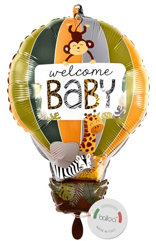 balloa Folienballon Welcome Baby Safari, XXL Deko zur Geburt, 60 cm | Safari-Motiv mit niedlichen Tieren, XXL, heliumgeeignet, ungefüllt, neutrale Deko zur Geburt und Babyparty