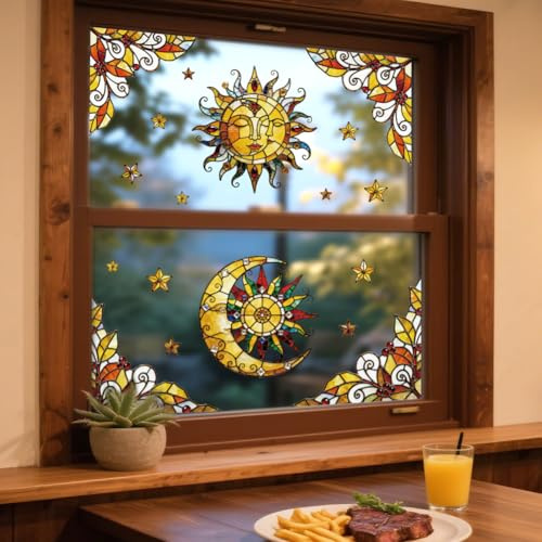 ANATTASOUL Sonne und Mond Fensterbilder for Frühling Sommer | Doppelseitig Blickdichter Badezimmer Fensterbilder Kinderzimmer Wiederverwendbare Fensterbilder Frühling for Winter Herbst