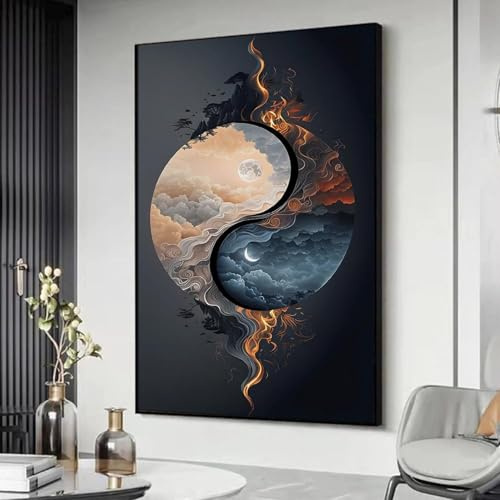 XBTYKPB Quadro su tela Yin Yang: Nuvola, Luna e Sole - Ispirato al Taoismo | Stampa su vetro | Grande dipinto | Arredamento per la casa | Quadri di alberi (80x120 cm/cornice interna)