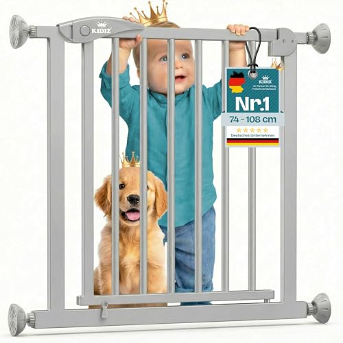 KIDIZ Treppenschutzgitter ohne Bohren | Verstellbare Breite: 88-94 cm, 75 cm hoch, Türschutzgitter und Absperrgitter für Kinder und Hunde, Beidseitige Einhand Öffnung, 90° Open-Stop System, Grau