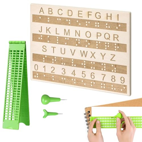 Celle Braille - Tavoletta Braille a 4 Righe 28 Segmenti con Alfabeto | Include Punteruolo, Etichettatrice e Fingerboard | Ausilio per Ipovedenti, Bambini e Adulti Qualità Superiore Pro