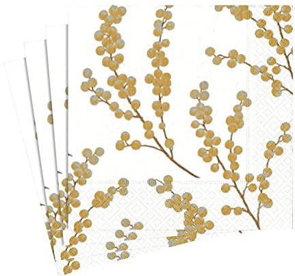 Entertaining with Caspari Berry Branches Paper Luncheon Napkin, White and Gold, Pack of 20 (5724L)