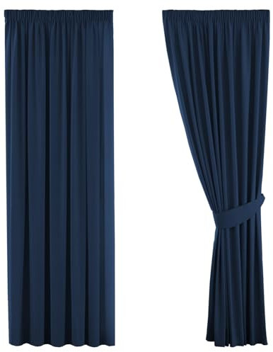 H.Versailtex Solid Navy Blackout Thermal Insulated Pencil Pleat Curtains for Living Room/Bedroom with Two Matching Tiebacks, Energy Efficient Window Treatments Curtain, 90 Width x 90 Drop (2 Panels)