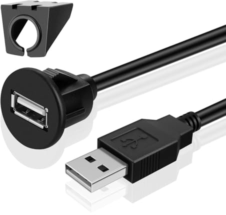TNP USB Flush Mount Cable w/Buckle- Dashboard Panel Dash Mount 1 Port USB Socket Plug Jack Connector Extension Wire Cord Water Resistant Male to Female (1M / 3FT)