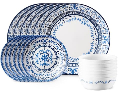 Corelle Vitrelle 18-Piece Service for 6 Dinnerware Set, Triple Layer Glass and Chip Resistant, Lightweight Round Plates and Bowls Set, Portofino