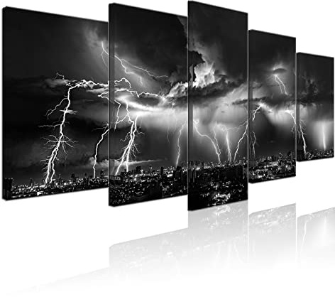 Biuteawal - Black and White Wall Art Nature Lightning Strikes in The Clouds Painting on Canvas Storm and City Night View Picture Print for Home Office Living Room Decoration Wall Decor