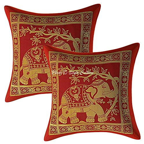 Stylo Culture Ethnico Fundas De Cojines Decorativos 30x30 cm Brocado De Seda Elefante Fundas Almohadones Sofa Granate 12x12 Inch Jacquard Cuadrado Cremallera Fundas para Cojines De Cama - 2 Pcs