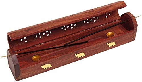 raajsee Wunderschöner, handgefertigter Räucherstäbchenhalter aus Holz, zur Aufbewahrung von Räucherstäbchen, Sarg-Box, Aschefänger mit Messingeinlage, Heimbedarf und Zubehör, tolles Geschenk für jeden