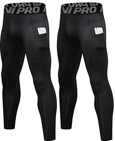 LNJLVI 2-pack kompressionsbyxor för män aktiv baslager tights träning löpning leggings med telefonfickor (svart-svart XX-Large), Svart-svart, XXL