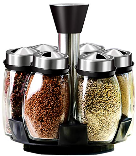 Rotating Spice Rack, Stainless Steel Spice Rack Stand, 6Spice Jars with Lids, Free Standing Spice Rack Organiser with Kitchen Storage Jars for Spices Rotating Spice Jars Holder (6 jars)