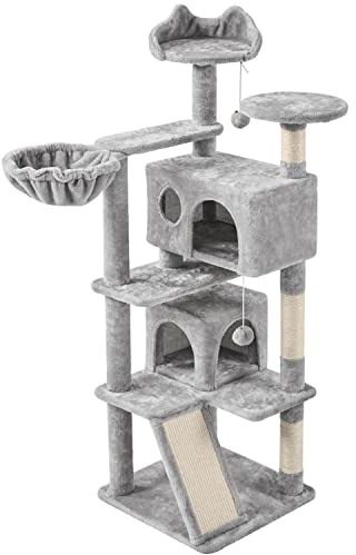 Yaheetech Kratzbaum 145 cm Kletterbaum mit 2 Katzenhöhlen 3 Aussichtsplattformen Katzenkratzbaum Spielsisal Katzenmöbel, Hellgrau