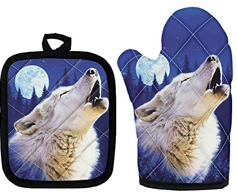 HUGS IDEA Modische blau-weiße Wolf Ofenhandschuhe – hitzebeständige Grillhandschuhe mit Fingern Ofenhandschuhe Küche Kochen Handschuhe zum Backen, Grillen, Grillen