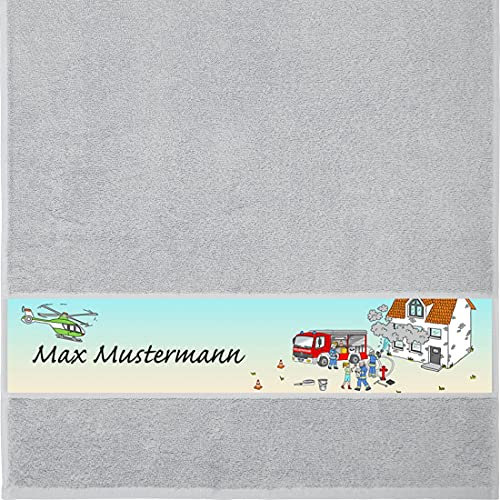 Manutextur Handtuch mit Namen - personalisiert - Motiv Feuerwehr 1 - viele Farben & Motive - Dusch-Handtuch - hellgrau - Größe 50x100 cm - persönliches Geschenk mit Wunsch-Motiv und Wunsch-Name