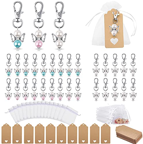 Fantasyon 32 STüCKE Schutzengel Anhänger, Mini Winkel mit Stern Anhänger, Schlüsselanhänger Glücks Gastgeschenke Hochzeit Taufe Mädchen Schutzengel mit Organza Säckchen + kardieren Dankeschön