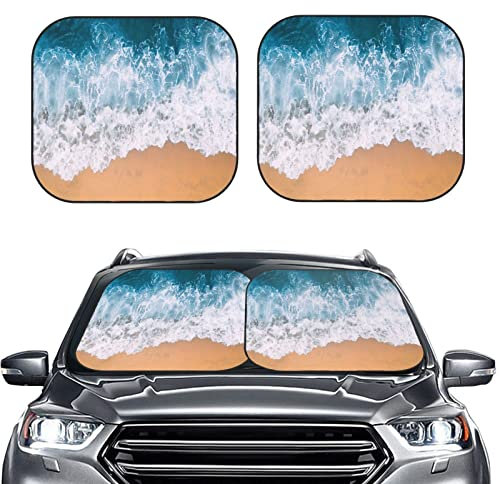 Frontscheibenabdeckung Auto Sonnenschutz Sonnenschutz Auto Frontscheibe Faltbar Motiv Strandwellen Auto Zubehör Sonnenschutz 2-teilig 74x60cm mit Aufbewahrungstasche Auto Scheibenabdeckung Sommer