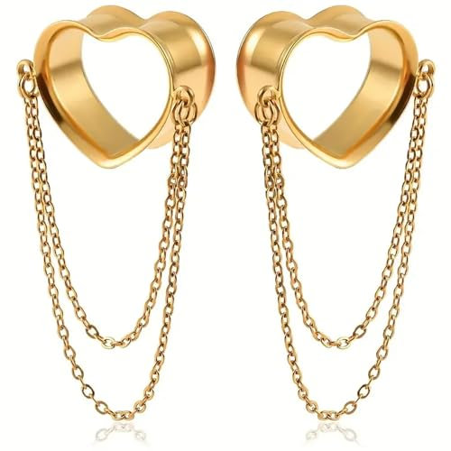 Vankula Ohr Tunnel mit anhänger Double Flared Flesh Plug Herz mit Kette Edelstahl für männer damen Ohrpiercing Gestreckte Schmuck 8mm(0G) Gold