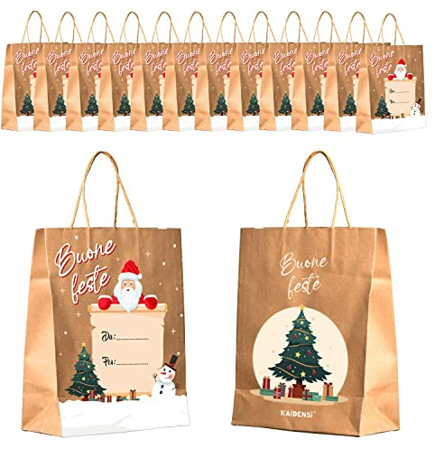 Sacchetti Regalo Natale Grandi in Carta Kraft – 12 Buste per Regali Natalizie con Manici - Borse Doni Natalizi Originali – Sacchetto di Natale Originale