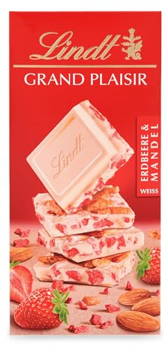 Lindt Schokolade Grand Plaisir Erdbeer-Mandel | 150 g Tafel | Weiße Schokolade mit fruchtigen Erdbeer-und Mandel-Stückchen | Schokoladentafel | Schokoladengeschenk