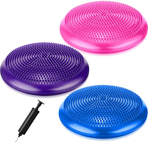 Leitee 3 Pcs Inflated Wobble Cushion Exercise Wiggle Seat for Sensory Flexible Seating Wobble Board Balance Disc Sensory Wiggle Seat Pad for Office Chair with Air Pump(Blue, Purple, Rose Red)
