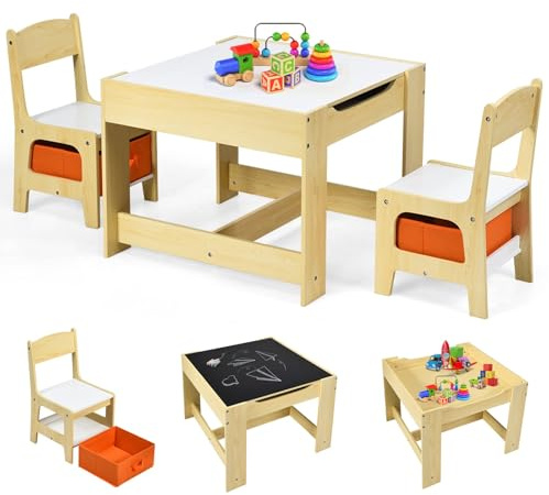 RELAX4LIFE 3 en 1 Juego de Mesa y Silla Infantil con Pizarra y Pizarra Blanca, Mesa Infantil con Sillas y 2 Cajas de Almacenamiento, Mesa Infantil Reversible para Guardería, Sala de Juegos (Naranja)