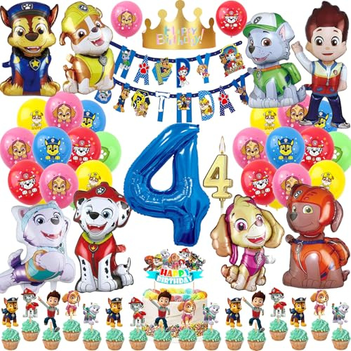 57 Stück 4. Geburtstagsdeko Geburtstag Deko 4 Jahre Jungen Mädchen Party Deko Set Happy Birthday Banner, 9 Großer Folienballons, 20 Latex Ballons, Tortendeko, Kerzen, Geburtstags Mützen (Zahl 4)