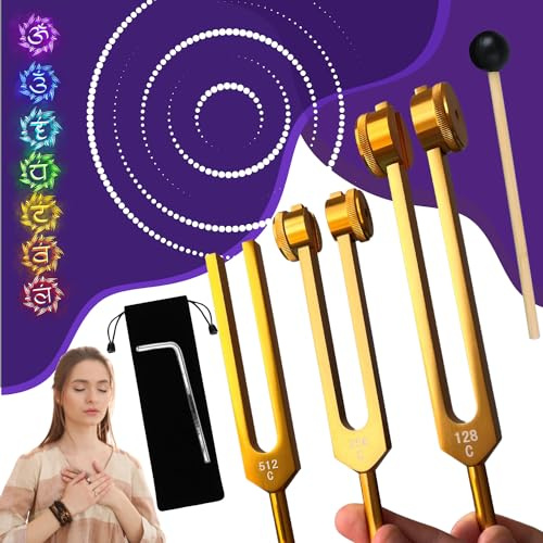 Stimmgabel x3 - Professionelle Therapeutische Stimmgabeln 128 Hz, 256 Hz, 512 Hz | 3er-Set aus vergoldetem Aluminium
