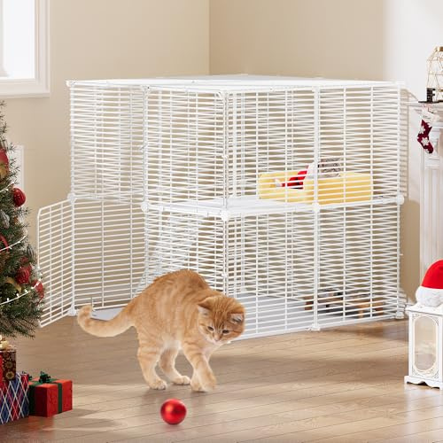 YITAHOME Cage pour Chat Extérieur/Intérieur à 2 Niveaux, Enclos avec Fil Métallique Dense, Chenil en Métal pour Petits Animaux, Blanc, 71x71x71cm