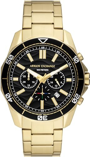 Armani Exchange Orologio da uomo in tonalità oro, movimento cronografo al quarzo e cassa da 44 mm con cinturino in acciaio, Tono oro e nero