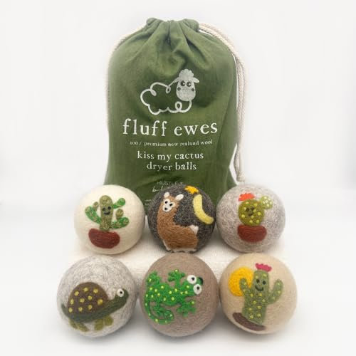 Fluff Ewes Premium Handmade New Zealand Reusable Wool Dryer Balls for Laundry, Baby, Anti-Static Alternative to Liquid Fabric Softener, Plastic Dryer Balls or Dryer Sheets, Kiss My Cactus, 6 Pack