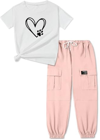ARTMINE Girls 2-Piece Clothing Sets Sleeve Printed T-shirt+Casual Drawstring Elastic Waist Cargo Pants, US 6-7 Years = Tag 130
