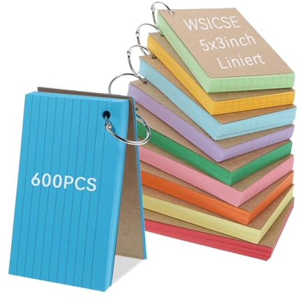 Karteikarten, 12,7 x 7,6 cm, 600 Stück, farbige Revisionskarten, liniert, Lernkarten für Prüfungen, Schule, Büro, Heimbedarf