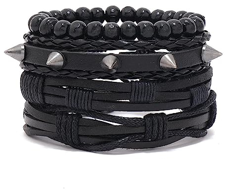 Lederarmbänder,Gothic Armband Mit Nieten und Perlen Vintage Stil Mehrlagig Leder Geflochtenes Armband Set Personalisierte Verstellbare Charm Armreifen Schwarzes Wickelarmband für Herren und Damen