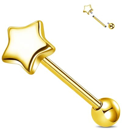 Jewseen guldtongue piercing stjärna tunga barbell titan tongue barer 14 g tunga ring inre gänga tungpiercing barbell, 14G 16MM, Titan