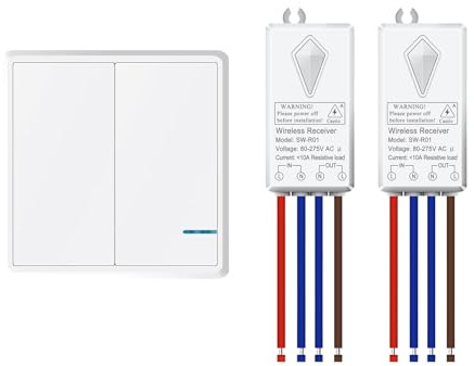 Funkschalter 230V mit Fernbedienung,NineLeaf Funk Lichtschalter und Empfänger Kit,IP66 Wasserdichter Funkschalter Außen 400m Innen 100m,Keine Verdrahtung Keine WiFi Needed(1 * 2Gang+2Empfänger)
