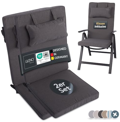 LILENO HOME Gartenstuhl Auflagen mit Kopfkissen [2er Set - Hochlehner] in | Anthrazit - Sitzauflagen für Gartenmöbel - Stuhlkissen für Gartenstühle und Klappstühle DUB