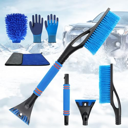 Eiskratzer Auto mit Besen,2 in 1 Abnehmbarer Eisschaber mit Rutschfestem Schaumstoffgriff,Langlebiger Scheibenkratzer,mit Arbeitshandschuhen *1 & doppelseitigen Chenille-Autowaschhandschuhen *1(Blau)