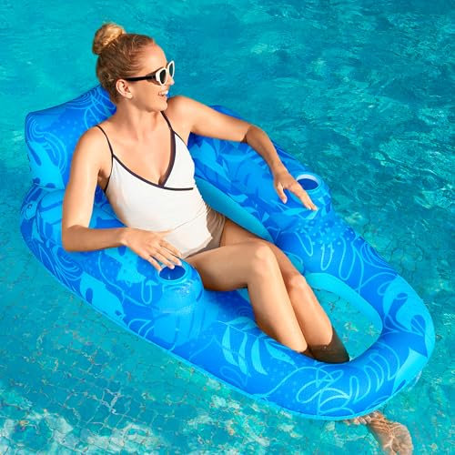 SLOOSH Lettino Gonfiabile Premium per Piscina per Adulti, Materassino Galleggiante in Tessuto con Portabicchieri e Schienale Reclinabile, Perfetto per Festa Estiva (Blu)