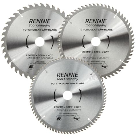 Rennie Tool 3pcs 250mm x 30mm Bore x 40T 60T 80T TCT Circular Saw Blades | For Bosch Makita Dewalt Circular Saws Etc. For Wood & Includes 25mm 20mm & 16mm Bore Reduction Rings.Fits 255mm Circular Saws