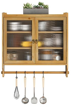 HAINEW Moderner Hängeschrank Küchenschrank Wandschrank mit 2 Glastüren und Hängestange, Holz und Glas Badschrank Sideboard Hängend Medizinschrank für Küche Bad, 63×18×60cm