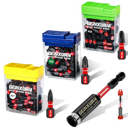 Geinxurn Impact Pozidriv Screwdriver Bits Set, 90Pcs 25 mm Magnetic (PZ1/PZ2/PZ3) S2 Steel 1/4” Hex Shank Multi Drill Driver Bits and 1PC 75 mm Bit Holder with Storage Colorful Box