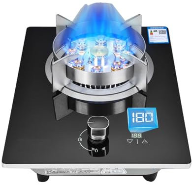 GAROEN Cucina a Gas 1 bruciatore Cucina a Gas, 7.0KW 9 cavità Timer Fuoco Alto, portapentole in ghisa in Vetro temperato, con Protezione antispegnimento (NG)