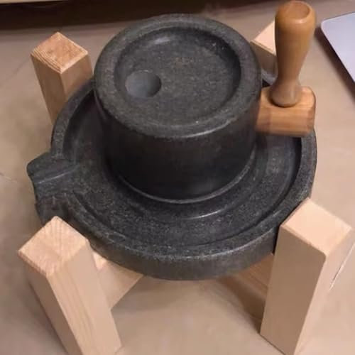 Vintage original stone small stone mill, lapis lazuli household handmade stone mill, hand cranked wet grain grinder, grain stone mill with wooden stand, suitable for grinding wheat, rice(20cm/7.9in)
