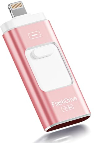 ROSPE USB Stick 256GB for iPhone, MFi Certified Lightning Memory Stick, 3-in-1 Flash Drive for iPhone/iPad/Android/PC, USB 3.0 High-Speed Photostick Thumb Drive Transfer Photos Videos, Rose Pink