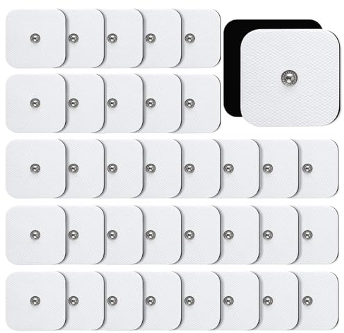 BRIOTA Selbstklebende Elektroden Pads, 35 Stück 50x50mm, 3,5 mm Druckknopf | Wiederverwendbar für TENS‑EMS Geräte, Für Schmerztherapie, Muskelentspannung Zuhause, Im Büro Oder Im Fitnessstudio