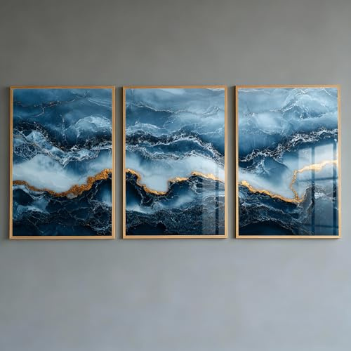 PWAAHDC Marinblå och guld väggkonst set med 3 – abstrakta marmoraffischer för vardagsrum, sovrum, badrum och hall – moderna blå estetiska tryck (oramad 60 x 90 cm)