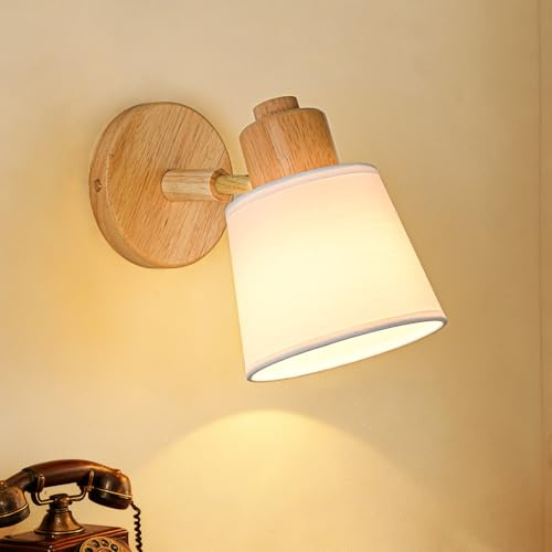 Gleonlux Wandleuchte Holz Innen, Vintage Wandlampe innen mit E14 Fassung， Retro Wandleuchten Boho aus Stoffbezug， Wandbeleuchtung Industrial für kinderzimmer Wohnzimmer Schlafzimmer Flur, Schwenkbar