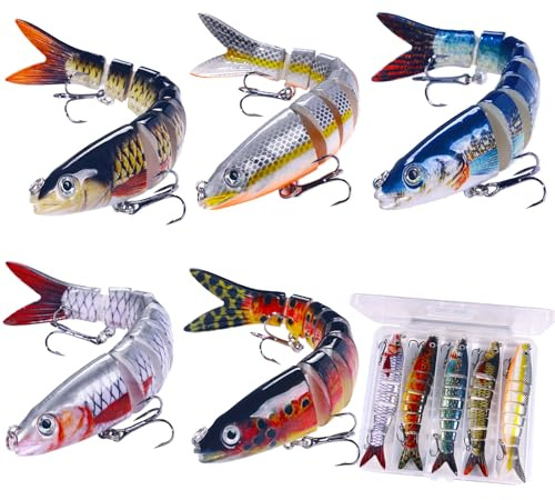 Fishing Lures for Bass Trout 5PCS pike fishing lures Lifelike Pike Swimbait Multi Jointed Swimbaits for Freshwater and Saltwater, Multi Jointed Segmented Pike Bait with Hooks, Slow Sinking (A)