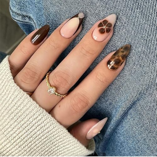 Nymora - Kit de Faux Ongles, 24 pièces, Designs d'automne faits main, Forme amande, Durables et confortables, Parfait pour chaque occasion, Application facile.