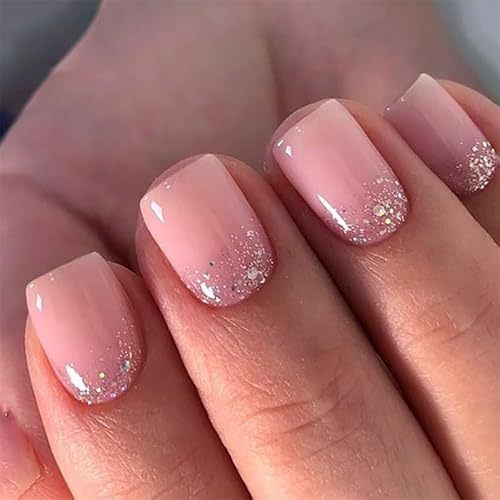 MouyouGlow Press on Nails Kurz,Square Glitzer Gradient Rosa Design Fake Nails,Bling Ombre Pink Sommer INS Sweet Artificial Künstliche Fingernägel