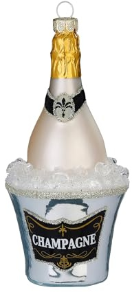 Christbaumschmuck Glas 13cm - Champagnerflasche im Kühler - handbemalt - Weihnachtsbaum Anhänger für Weihnachten - Christbaumanhänger & Weihnachtsbaumschmuck - Alkohol Sekt Flasche Creme Silber